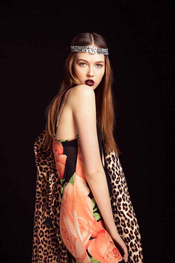 Anna Wong Stylist. Seattle wardrobe stylist.Seattle editorial stylist,Seattle commercial stylist, Editorial Astound magazine, woman posing in vintage slip and leopard coat.